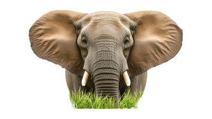 elephant in grass, close up, isolated transparent png background