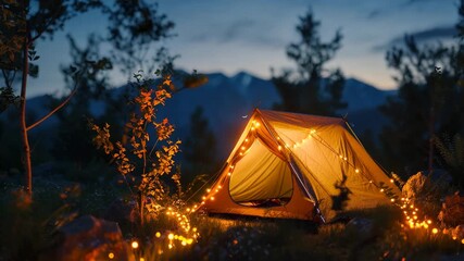 Poster - A cozy tent in a mountain campground, lit by warm lantern light at twilight.