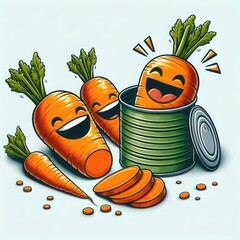 Wall Mural - A playful illustration of happy carrots, one popping out of a can, embodying freshness and fun. Ideal for food-related designs, marketing, or children's products.