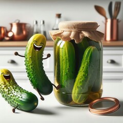 Wall Mural - Fun and playful cucumbers with smiling faces in a jar, perfect for food-related designs, social media, or marketing campaigns.