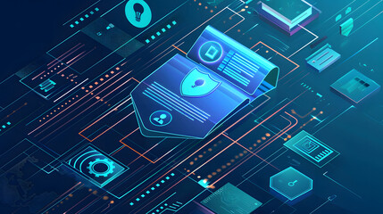 Poster - Data Compliance Assurance, a shield protecting documents with various regulatory compliance symbols, design
