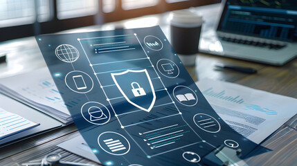 Poster - Data Compliance Assurance, a shield protecting documents with various regulatory compliance symbols, design