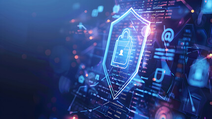 Poster - Data Compliance Assurance, a shield protecting documents with various regulatory compliance symbols, design