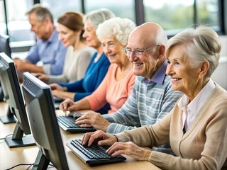 Courses for adults, elderly people learning computer literacy at a laptop, men and women work at a computer, demonstrating curiosity of modern seniors towards technology