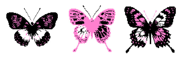 Poster - Pixel art collage with images of distorted butterfly silhouettes. Illustration in webcore aesthetics style for prints and posters.