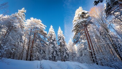 Poster - Tall, snow-covered trees reach up towards a blue sky on a bright, winter day