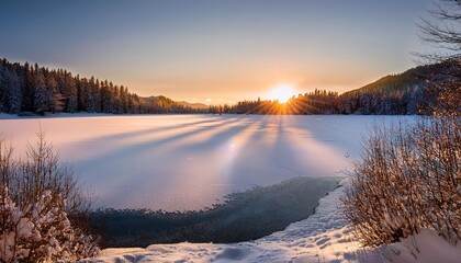 Sticker - A lake covered in snow as the sun sets, creating a serene winter scene with a beautiful orange glow reflecting on the icy surface.