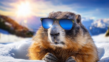 A small groundhog wearing sunglasses in the snow