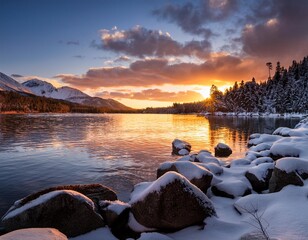 Wall Mural - A stunning sunset illuminates a lake with snow-covered rocks in the foreground, creating a striking winter scene.