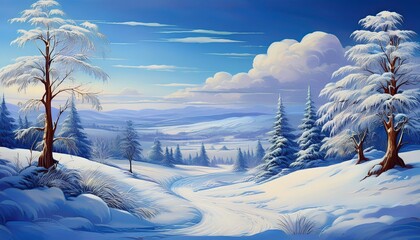 Poster - A painting depicting a winter scene with snow-covered trees in a vast landscape