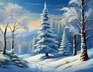 Sticker - A painting depicting snow-covered trees in a winter landscape