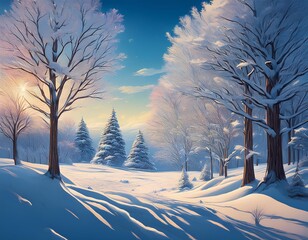 Wall Mural - A painting featuring trees covered in snow under a sky background, showcasing the winter landscape in a serene and cold setting.