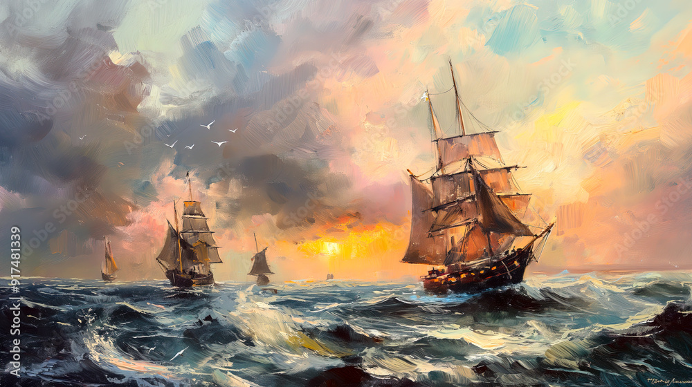 fantasy Oil painting of tall ships sailing on the sea, sunset sky ...