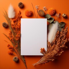 Poster - A flat lay of a white blank card on an orange background surrounded by dried flowers and foliage