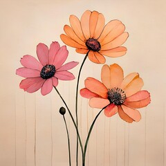 Wall Mural - A simple watercolor painting of five flowers with black stems on a cream background. The flowers are two shades of orange and pink