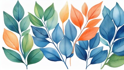 Sticker - Watercolor painting of blue, green, and orange leaves on a white background