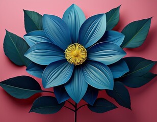 Wall Mural - A single, large blue flower with a yellow center is surrounded by dark green leaves and a pink background