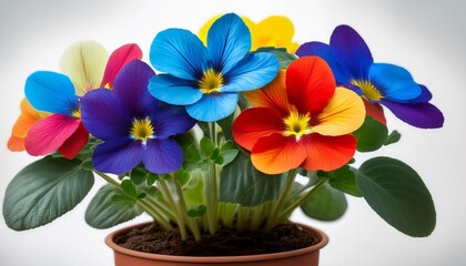 Wall Mural - A potted plant with five brightly colored flowers, featuring blue, red, yellow, and green