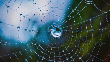A close up of a spider web with water droplets on it, AI