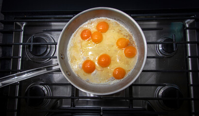 Flat lay image of a a group of eggs cooking in butter a sliver stainless steel frying pan 