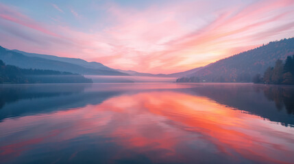 Wall Mural - A serene lake at sunrise, calm water reflecting the colorful sky