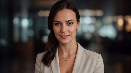 Modern businesswoman with a subtle grin in professional attire 