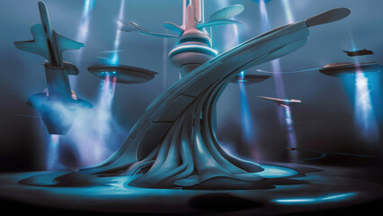 A computer generated image of a futuristic sculpture with jets and lights, AI