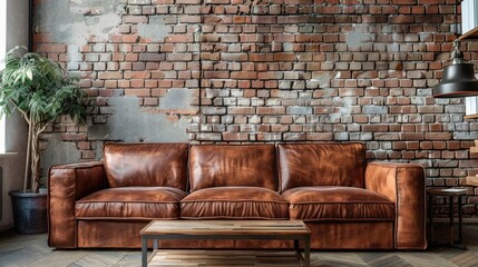 Wall Mural - Mockup of loft interior: leather sofa, brick wall, wooden table, copy space background, horizontal format