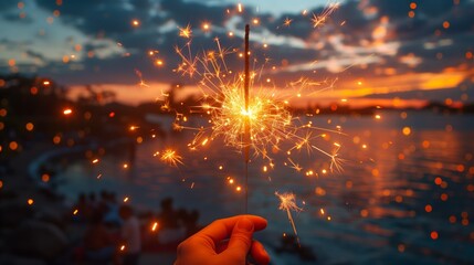 Wall Mural - A brightly lit sparkler in the foreground, casting a warm glow, with A family picnic in a park. People are dancing and socializing, enjoying the evening