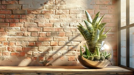 Wall Mural - Transparent planter on wooden surface with brick backdrop.