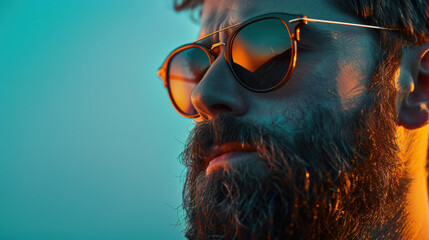 Wall Mural - A stylish man with sunglasses and a beard, confident and relaxed pose, close-up, smooth background