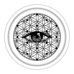 Sticker - Eye with sacred geometry symbol tattoo design. Seed of Life. Ancient geometric spiritual symbol. Overlapping circles floral pattern, Flower of Life. Black and white vector illustration.