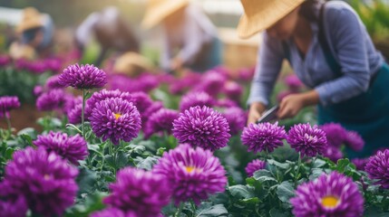 A woman is tending to a field of purple flowers