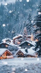 A snowy scene with houses and a Christmas tree