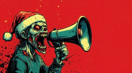 A festive zombie wearing a Santa hat, passionately yelling through a megaphone against a bright red background.