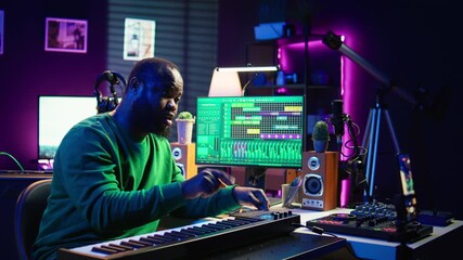 Poster - Famous piano teacher conducting internet master class via vlog tutorial, teaching people how to hit the right notes on electronic keyboard. Young artist performer hosts synthesizer lessons. Camera B.