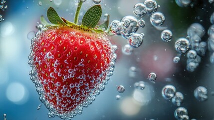 Wall Mural - Strawberry Submerged in Sparkling Water