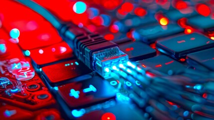Aufkleber - Close-up of a Blue Ethernet Cable Plugged Into a Black Keyboard Illuminated with Red and Blue Lights. This image captures the essence of technology and connectivity in a dramatic