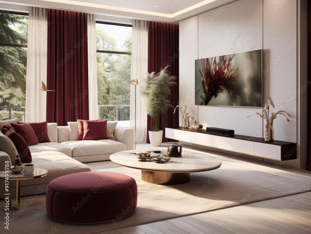 A modern living room with a white sectional sofa, a large TV, and a ...