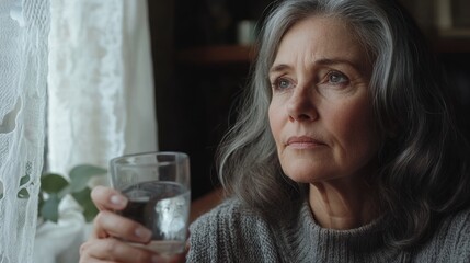 Wall Mural - A woman is sitting in a room with a glass of water in front of her