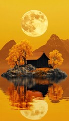 Golden moonlit island with yellow trees, house, mountain lake reflection   digital art