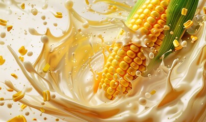 Corn food wallpaper with splash of milk on plain color background of corn food plant Generate AI