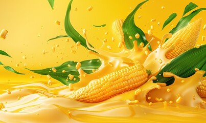 Corn food wallpaper with splash of milk on plain color background of corn food plant Generate AI