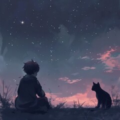 A lone figure sits on a hilltop gazing at the night sky with a cat by their side