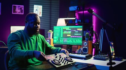 Poster - Music producer explaining faders and knobs on mixing console before teaching advanced post production stuff. Musical instructor gives advice about acoustical engineering, online vlog. Camera B.