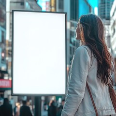 Blank billboard in the city. Woman looking with interest at an outdoor advertising poster. Public information panel on the street. Commercial campaign for products or services for women. Mockup