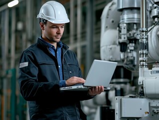 Wall Mural - Engineer operating industrial robot in factory, shot on sony a7 for professional stock photo