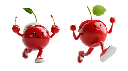 Two cartoon cherries are running on a transparent background.