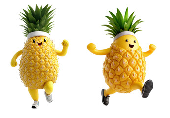 Two cartoon pineapple characters are running on a transparent background.