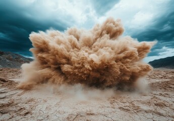 Poster - Dramatic explosion of dust and debris in a desert landscape